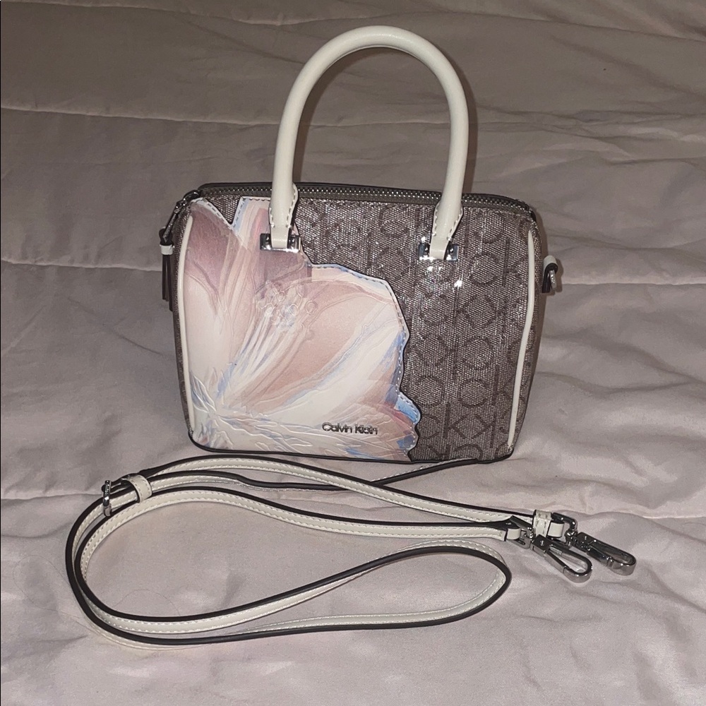 Calvin Klein Floral Satchel in Brown and Cream